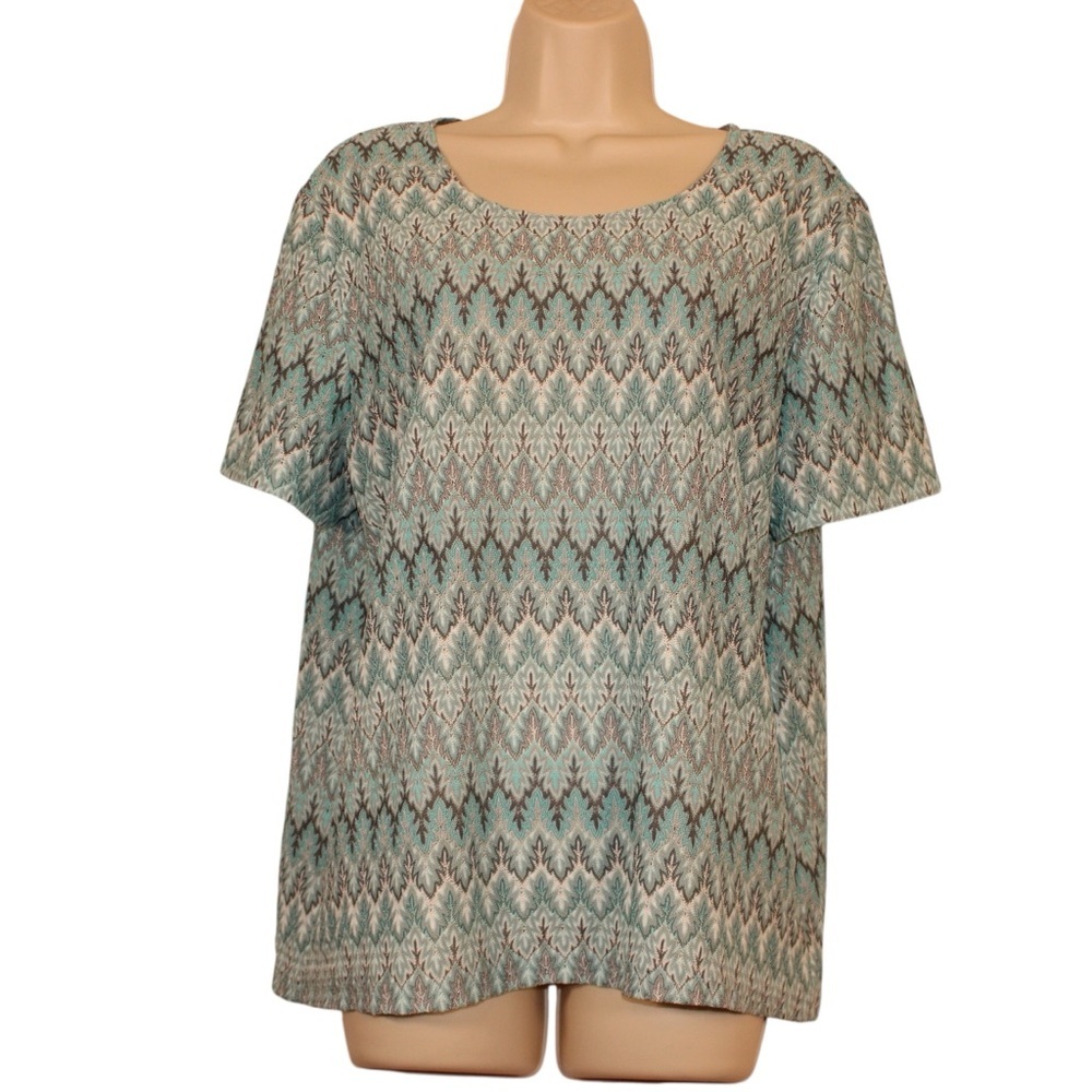 Alfred Dunner Teal Gray Print Short Sleeve Top Women's Size L Polyester Blouse